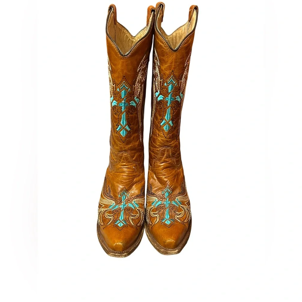 Circle G by Corral Cognac & Turquoise-Beige Wing & Cross Boots Size 10 - Picture 2 of 11